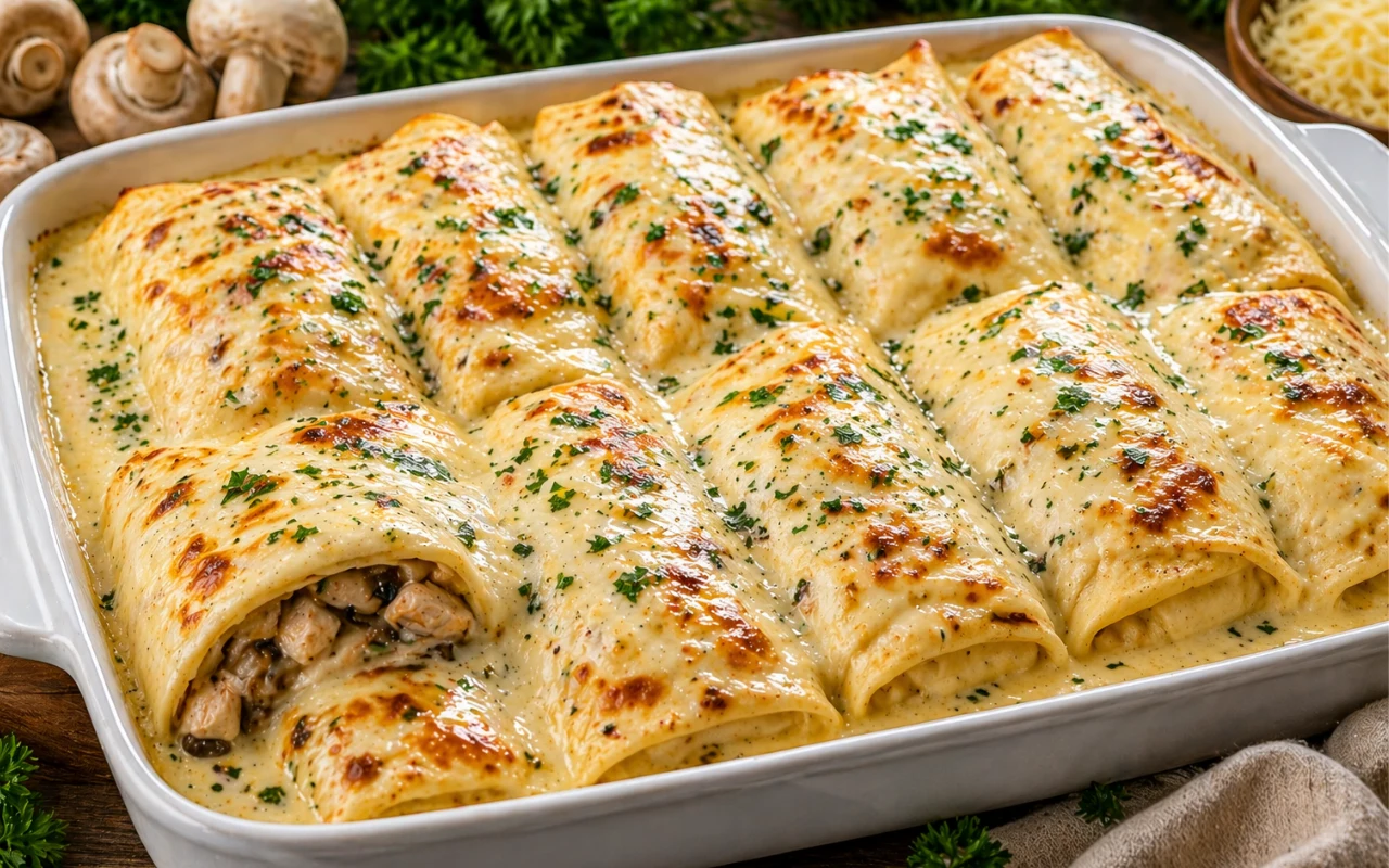 Kilka naleśników wypełnionych farszem z kurczaka i pieczarek, ułożonych w żaroodpornym naczyniu, zalanych kremowym sosem i zapieczonych na złocisty kolor, posypanych świeżą natką pietruszki.
