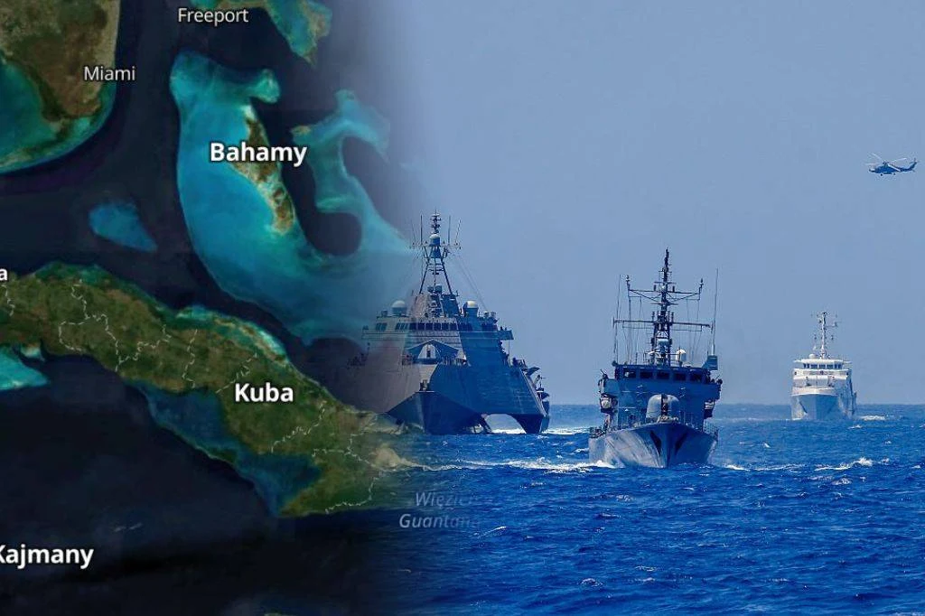 Kuba - USA. Diaz-Canel reaguje na groźby Trumpa. "Musimy być gotowi" Mapa Kuby. Obok statki wojenne USA