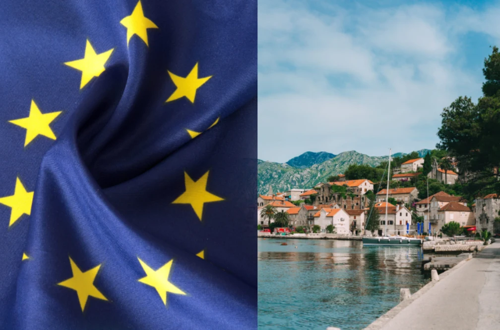 Czarnogóra o krok bliżej do członkostwa w UE Widok na linię brzegową w Czarnogórze i flaga Unii Europejskiej