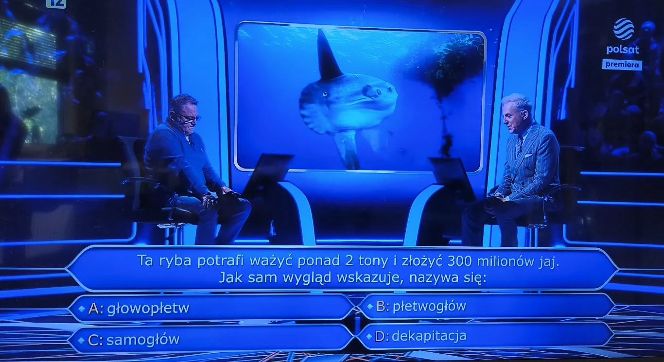 Dwóch mężczyzn siedzi naprzeciw siebie w studyjnym oświetleniu, na dużym ekranie centralnie widoczny oceaniczny samogłów, poniżej pytanie i odpowiedzi z teleturnieju "Milionerzy".