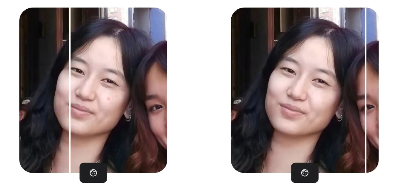 Edytor AI w Google Photos zapewnia naturalnie wyglądające efekty retuszu Porównanie dwóch wersji zdjęcia tej samej kobiety, z których po lewej stronie twarz jest mniej wyraźna i ma widoczne niedoskonałości cery, a po prawej stronie skóra jest wygładzona i bardziej jednolita, co sugeruje użycie filtra upiększającego.