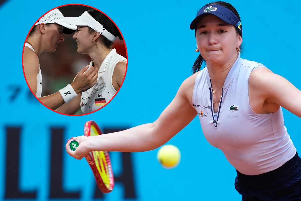 Eva Lys Eva Lys w niebieskiej czapce, ubrana w jasną koszulkę, uderza forehand; wstawka z rozmową tenisistek na korcie.