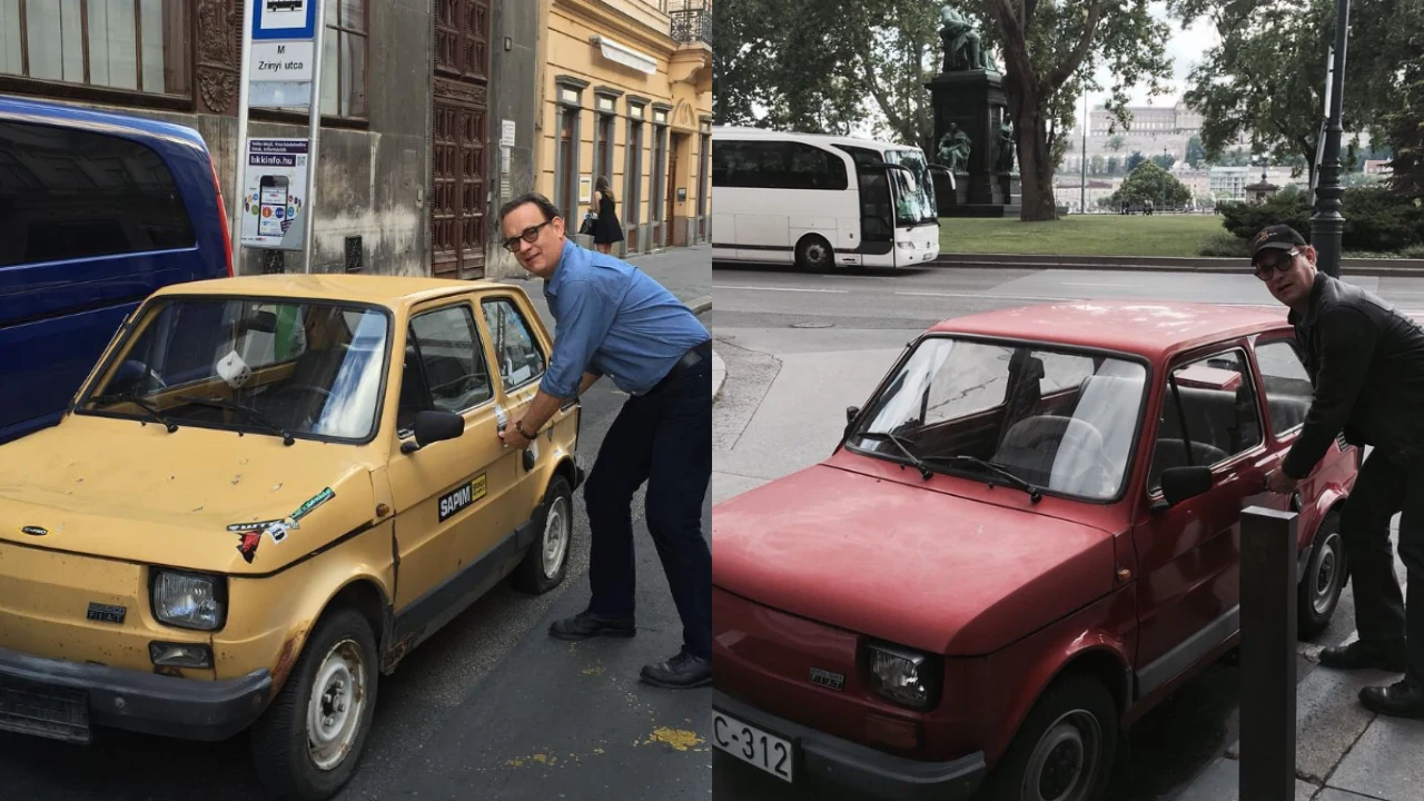 Tom Hanks i Fiat 126p, screen: https://www.instagram.com/tomhanks/ Dwa stare samochody Fiat 126p, jeden żółty, drugi czerwony, stoją zaparkowane przy krawężniku; przy każdym z nich znajduje się uśmiechnięty mężczyzna robiący pozę do zdjęcia.