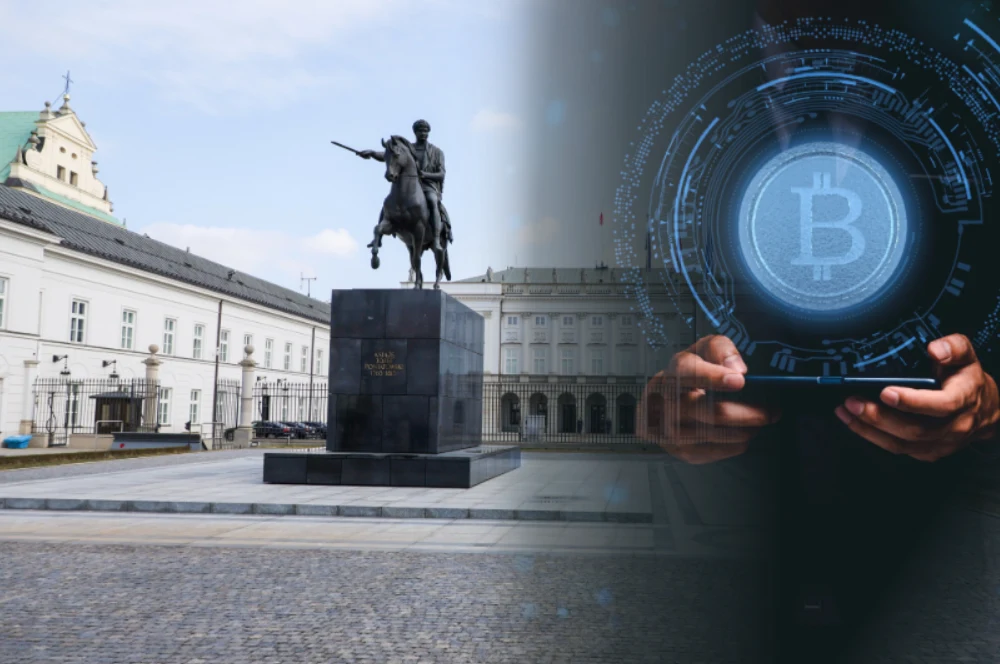 Ustawa o kryptowalutach omawiana w Pałacu Prezydenckim Pomnik konny przed Pałacem Prezydenckim i symbol bitcoina na tablecie, nawiązanie do ustawy o kryptowalutach.