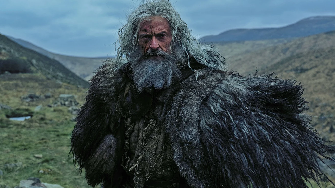 Hugh Jackman w scenie z filmu "Robin Hood: koniec legendy" Hugh Jackman jako Robin Hood, starszy mężczyzna w futrze, na tle gór pod pochmurnym niebem.