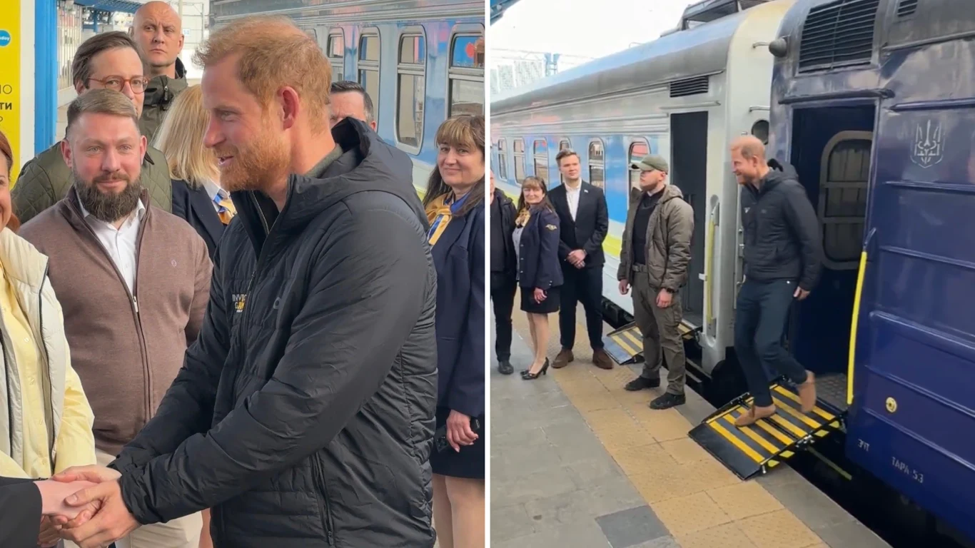 Książę Harry z wizytą w Kijowie Książę Harry wysiadający z pociągu na peronie w Kijowie