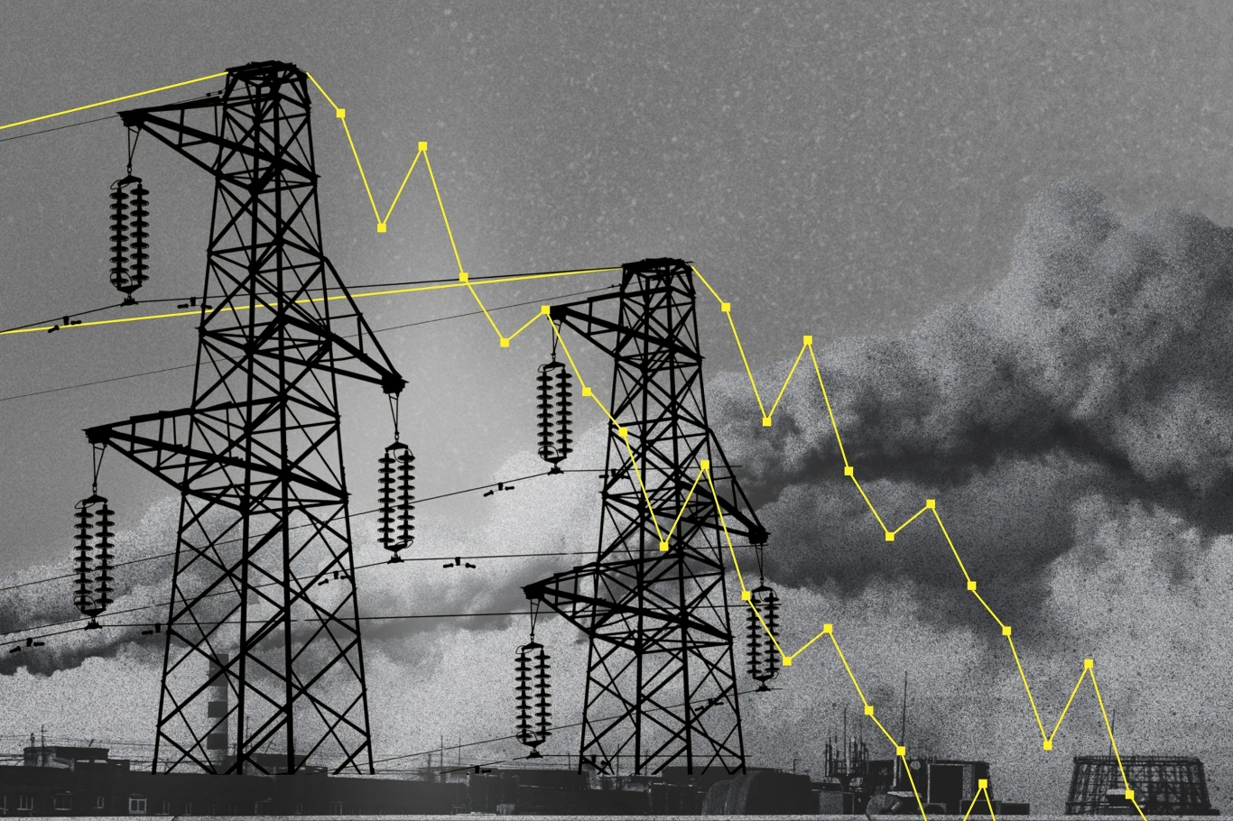 Światowe rynki energii czeka załamanie? Grafika: Magdalena Piasecka Słupy energetyczne z liniami, dym z kominów fabrycznych i żółty wykres liniowy wskazujący spadek.