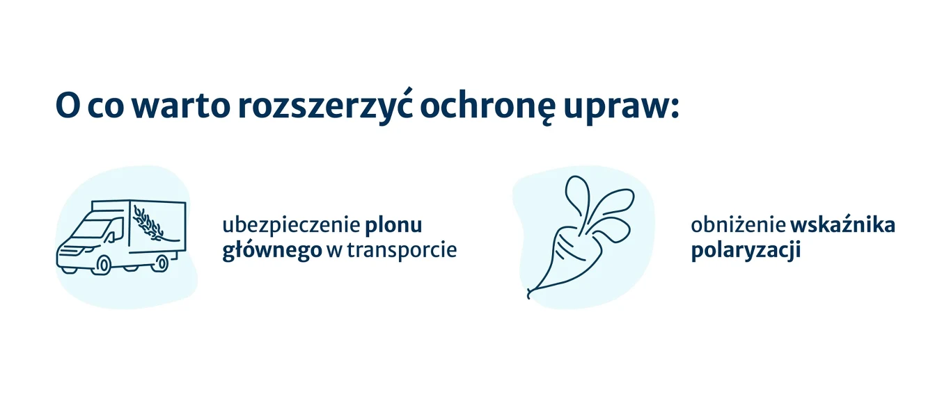 ilustracja z dwoma ikonami – po lewej ciężarówka z ładunkiem buraków cukrowych i podpisem „ubezpieczenie plonu głównego w transporcie”, po prawej rysunek buraka cukrowego z podpisem „obniżenie wskaźnika polaryzacji”; całość opatrzona nagłówkiem „O co w...