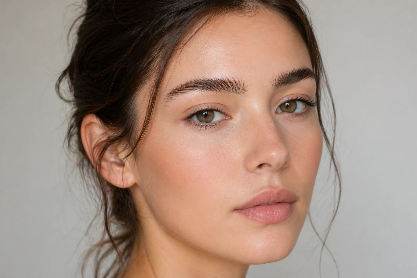 młoda kobieta o naturalnym makijażu, jasnej cerze i pełnych ustach, z ciemnymi brwiami oraz rozpuszczonymi, luźno upiętymi włosami