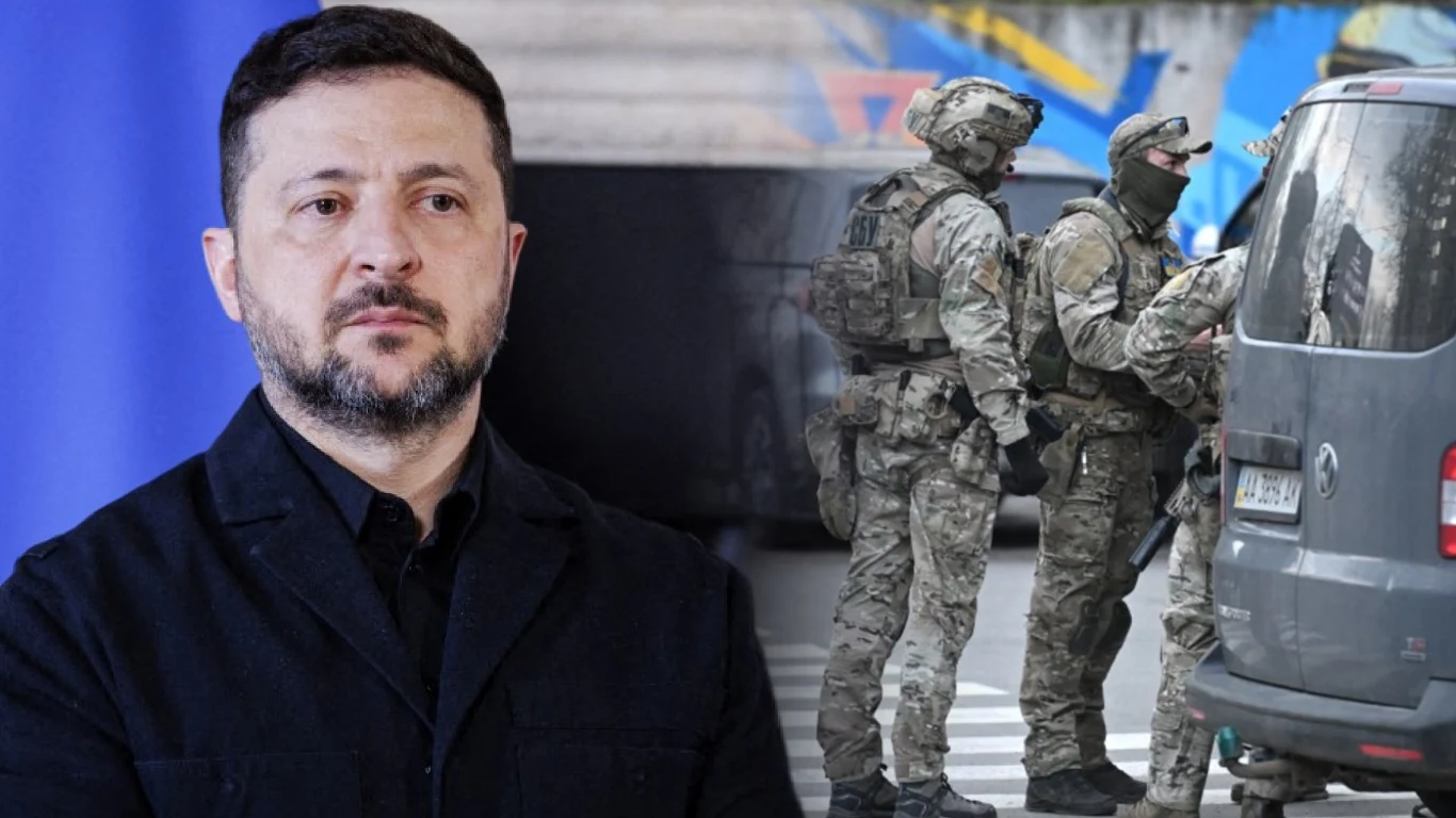 Zmiany personalne w SBU. Wołodymyr Zełenski podpisał dekrety (zdj. ilustracyjne) Wołodymyr Zełenski w ciemnej marynarce, w tle funkcjonariusze SBU i ukraińska flaga.