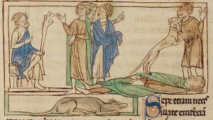 Pies wskazujący zabójcę swego pana. Bestiariusz księcia Northumberland, ok. 1250–1260, Anglia; J. Paul Getty Mu seum w Los Angeles, ms. 100 (2007.16), fol. 11v, 15v, 10v, 10r, 20v, 33r, 24r 