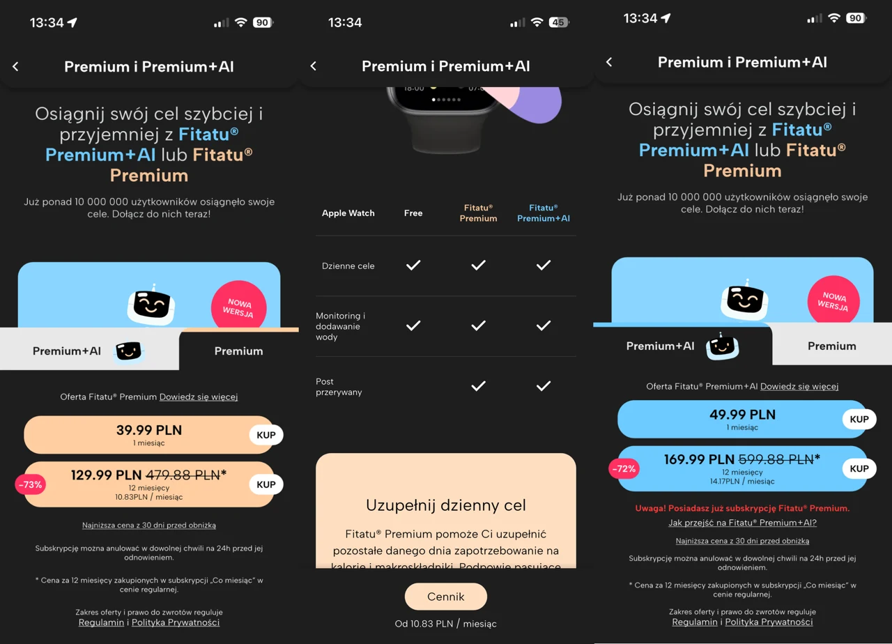 Porównanie ofert subskrypcji Fitatu Premium oraz Premium+AI/zrzut ekranu aplikacja Fitatu Porównanie ofert subskrypcji Fitatu Premium i Premium+AI z wyraźnie zaznaczonymi cenami oraz korzyściami, takimi jak integracja z Apple Watch, możliwość używania sztucznej inteligencji i dostęp do dodatkowych funkcji; przyciski 'KUP' umieszczone obok p...