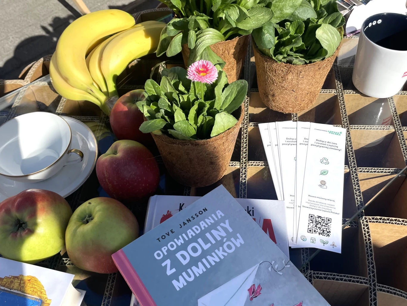 książka „Opowiadania z Doliny Muminków”, kilka doniczek z zielonymi roślinami i kwiatkiem, banany, jabłka oraz filiżanka ze spodkiem ustawione na kartonowym stole; obok leżą także papierowe ulotki i kubek