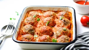 Meatballs in Tomato Sauce on a Baking Tin against White