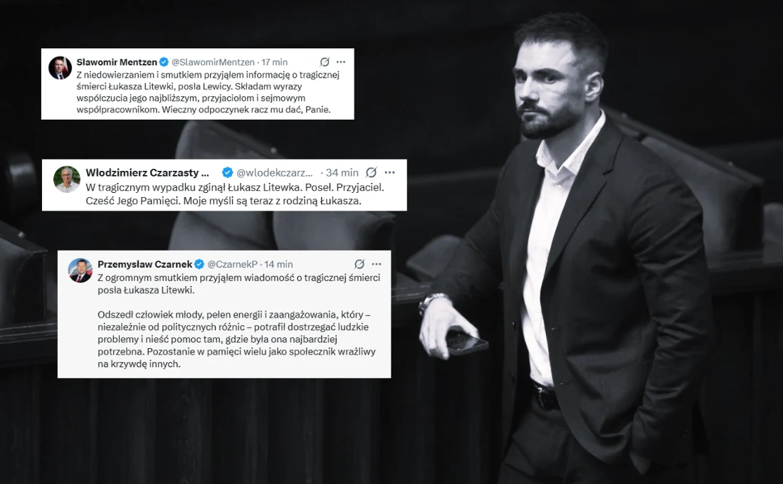 Nie żyje poseł Lewicy Łukasz Litewka Poseł Łukasz Litewka w garniturze oparty o barierkę; na pierwszym planie cytaty kondolencyjne z sieci.