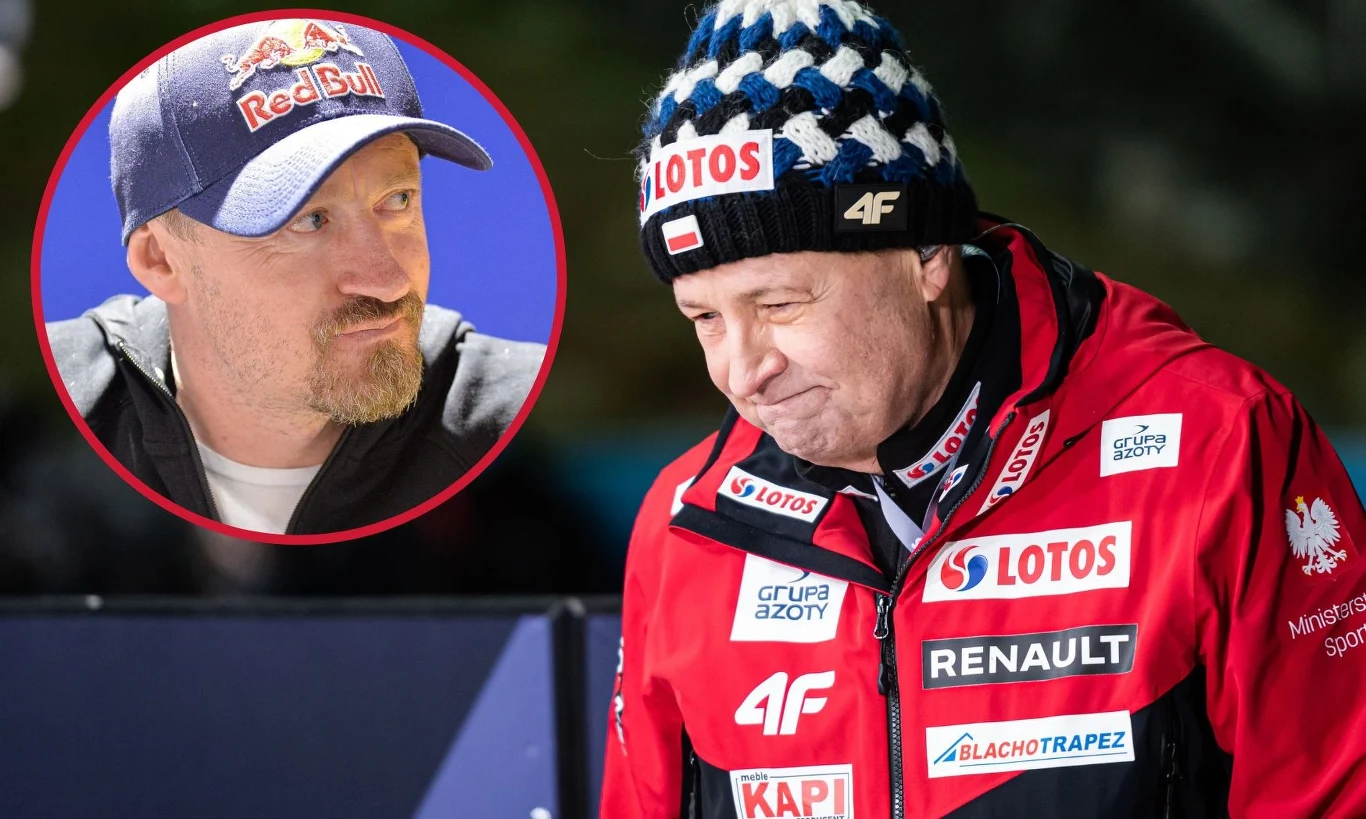 Adam Małysz (na małym zdj.) rezygnuje z drugiej kadencji na stanowisku szefa PZN. Jego miejsce zająć ma Apoloniusz Tajner Mężczyzna w sportowej kurtce z licznymi logotypami sponsorów oraz czapce w biało-niebieską kratę stoi z pochyloną głową; w rogu zdjęcia okrągła wstawka z twarzą innego mężczyzny w czapce z logo Red Bull.