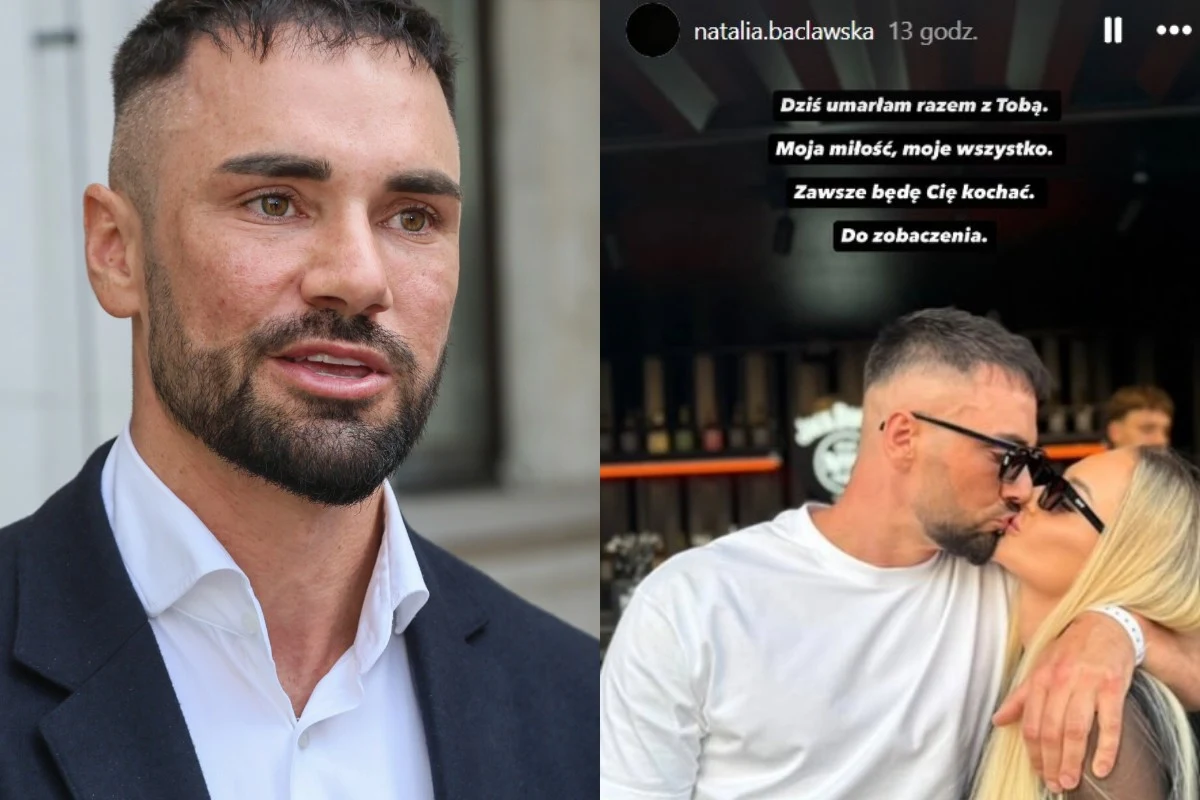 Mężczyzna z krótkimi ciemnymi włosami, brodą i wyraźnym zarostem w eleganckiej marynarce oraz białej koszuli stojący na zewnątrz, obok dwójki ludzi, z których mężczyzna ubrany w białą koszulkę mocno obejmuje i całuje długowłosą blondynkę w ciemnych oku...