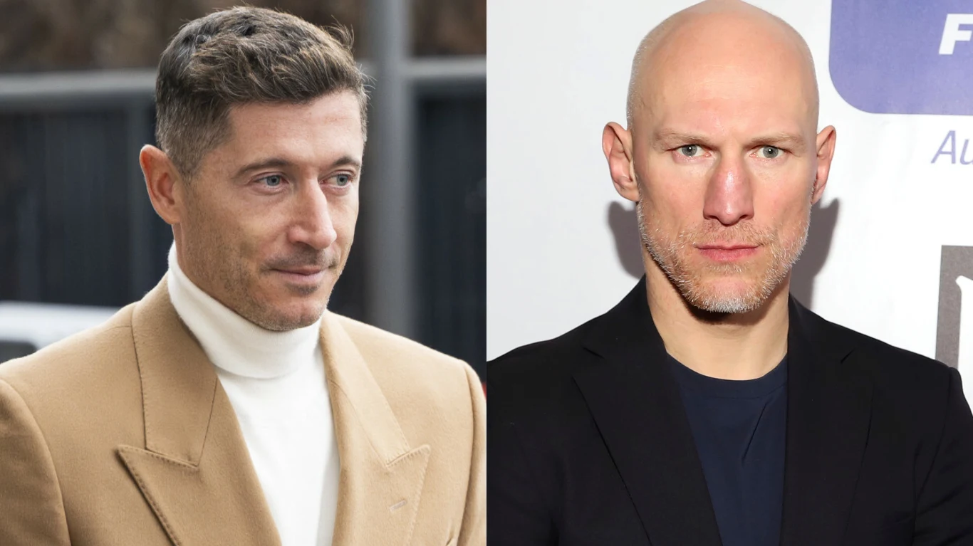Robert Lewandowski, Krzysztof "Diablo" Włodarczyk Robert Lewandowski i Krzysztof "Diablo" Włodarczyk, elegancko ubrani, stoją na neutralnym tle.