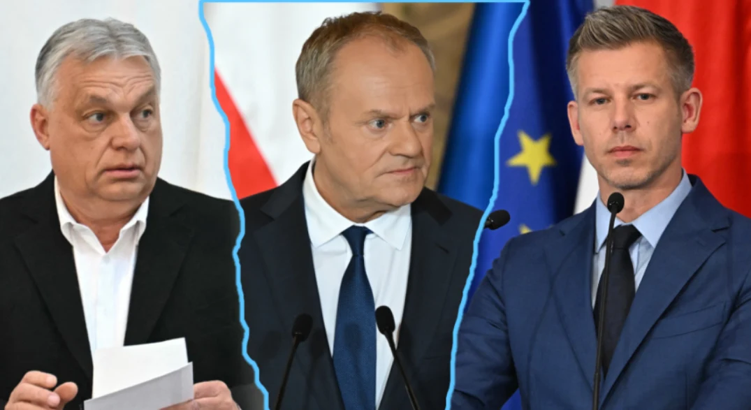 Donald Tusk o "ogromnej zmianie" na Węgrzech. Co to znaczy dla UE? Donald Tusk przy mikrofonach z Viktorem Orbanem i Peterem Magyarem, flagi Polski i UE w tle, niebieska linia dzieli kadr.