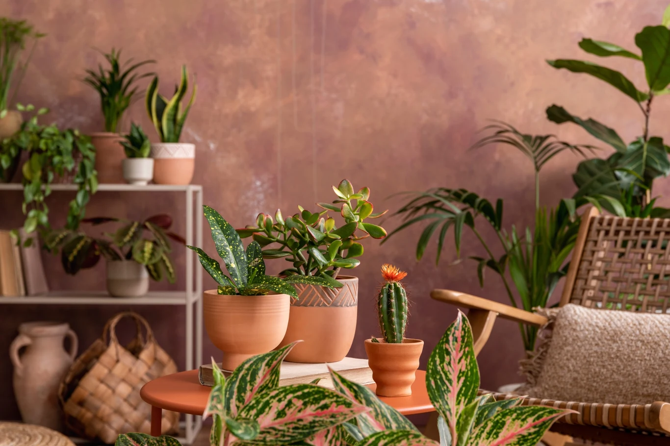 Sansewiera, epipremnum, monstera, kaktusy różnego rodzaju - to tylko przykłady roślin idealnych do "urban jungle" kolekcja doniczkowych roślin zielonych i sukulentów ustawionych na stole oraz regale na tle ciepłej, brązowej ściany, obok plecionego fotela i kosza