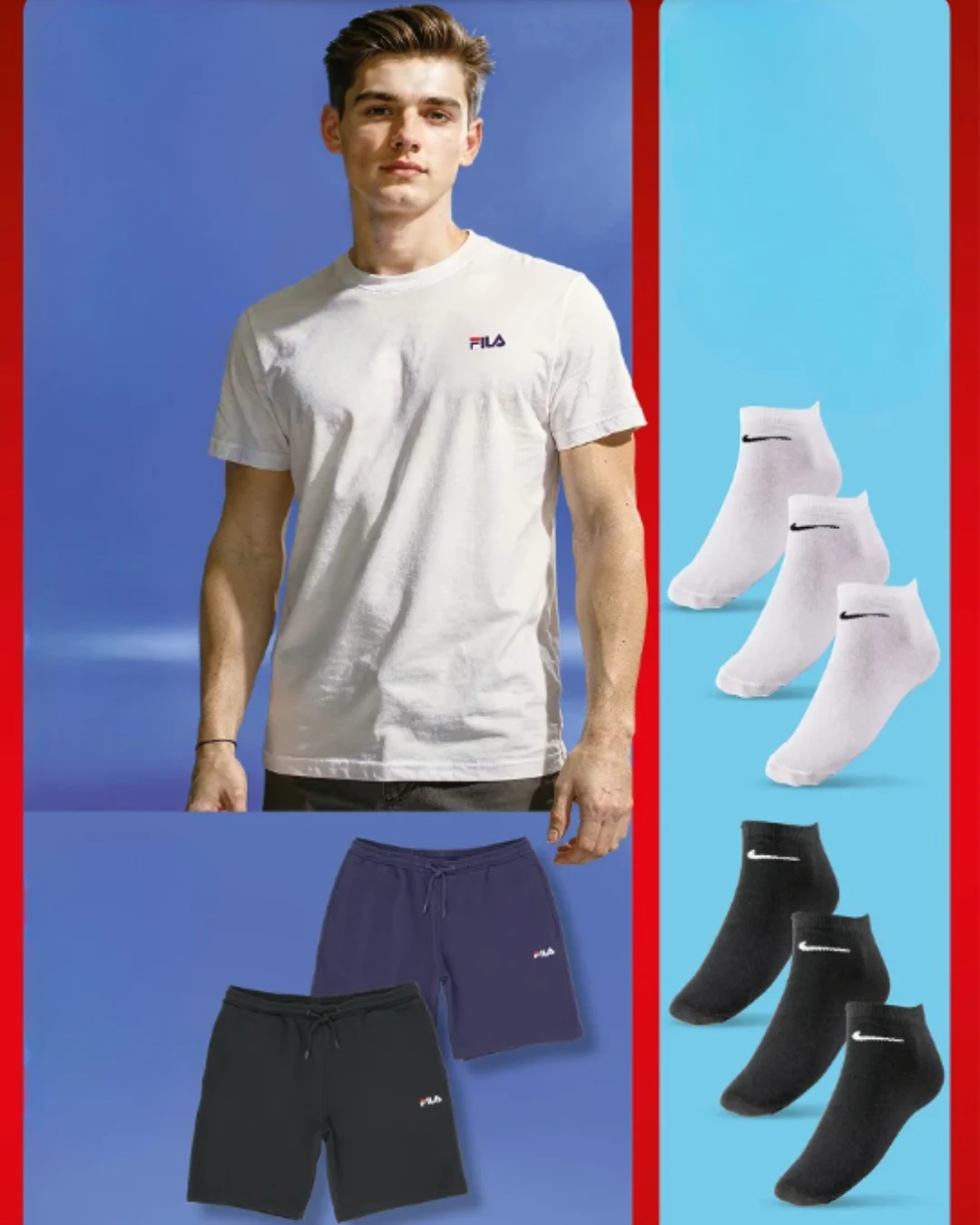 mężczyzna w białej koszulce z logo FILA stojący na tle niebieskiego tła, po prawej stronie widoczne trzy pary białych skarpetek oraz trzy pary czarnych skarpetek z logotypem, na dole dwie pary krótkich spodenek w kolorach czarnym i granatowym, wszystki...