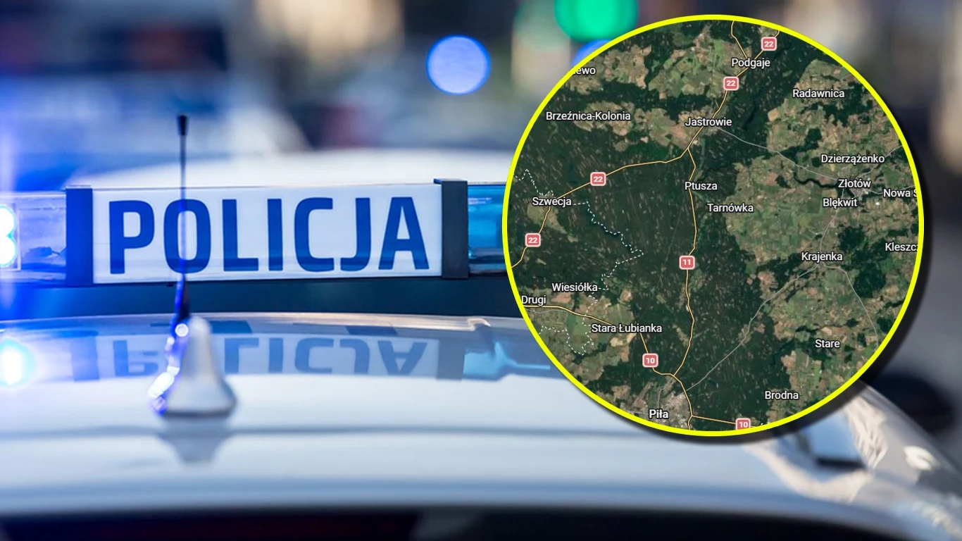 Ciało 13-latka było przysypane ziemią. Chłopiec nie żyje (zdj. ilustracyjne) Radiowóz policyjny z napisem „Policja” na tle mapy satelitarnej z nazwami miejscowości i dróg.