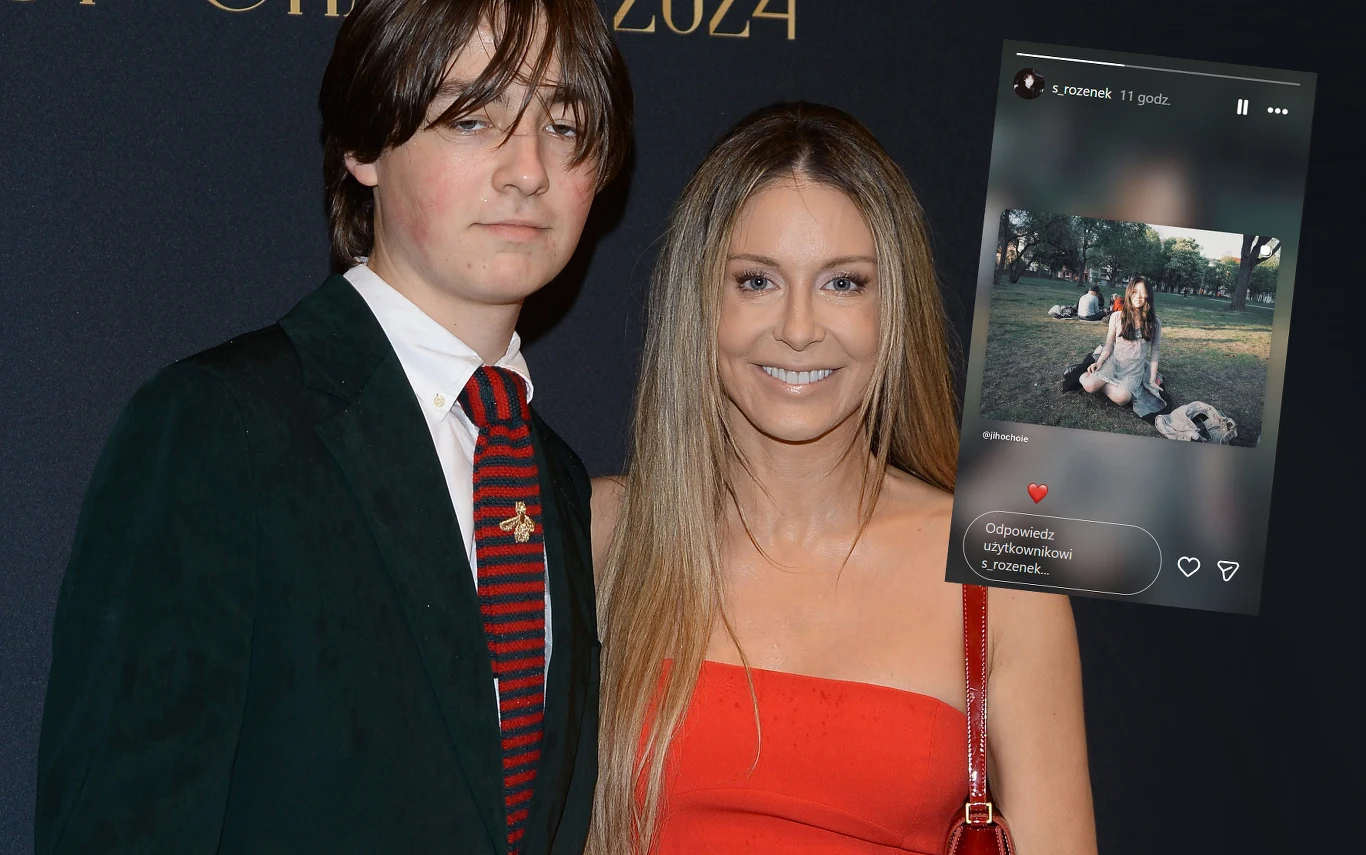 Kobieta w czerwonej sukni i młody mężczyzna w eleganckim ciemnym garniturze z czerwonym krawatem stoją razem na tle ciemnej ścianki z napisami; nałożona jest grafika przedstawiająca zdjęcie kobiety siedzącej na trawie z psami.