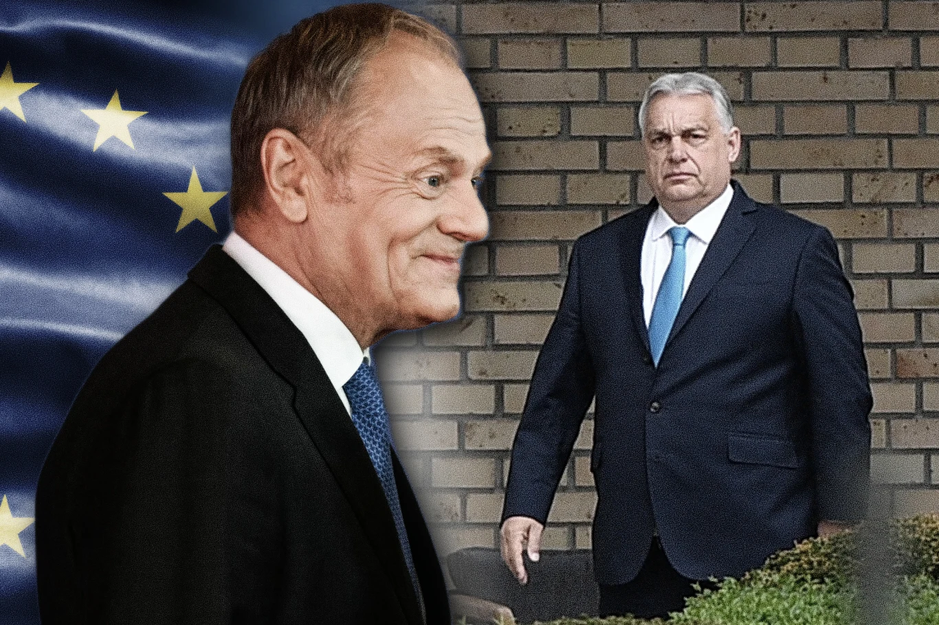 Donald Tusk wbił szpilę Viktorowi Orbanowi? "Nie ma Rosjan" Donald Tusk uśmiecha się na tle flagi UE, obok Viktor Orban w ciemnym garniturze na tle ceglanej ściany.