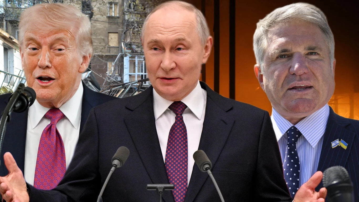 Kongresmen Republikanów: Biały Dom popełnił duży błąd, zawieszając sankcje na rosyjską ropę Donald Trump, Władimir Putin i Michael McCaul przy mikrofonach, na tle zniszczonego budynku i ciemnego dymu.