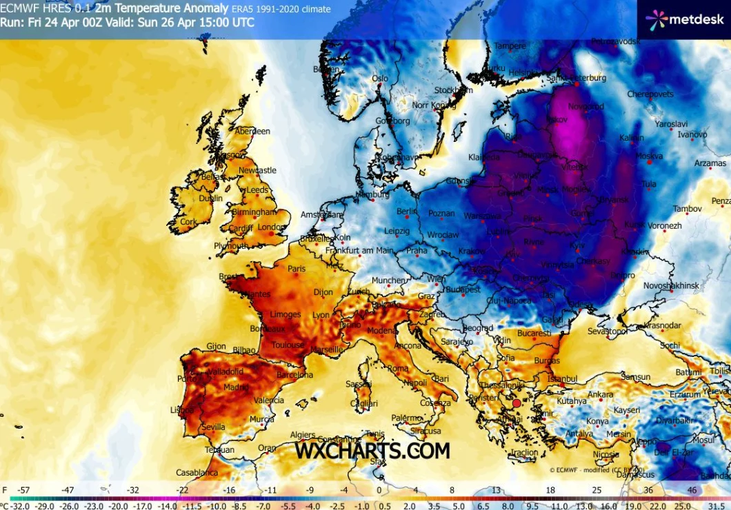 Mapa Europy z zaznaczonymi anomaliami temperatury, na której zachodnia część kontynentu, szczególnie Francja, Hiszpania i południowe Wyspy Brytyjskie, wyróżnia się intensywnie czerwonym kolorem wskazującym na znacznie wyższe temperatury niż norma, podc...
