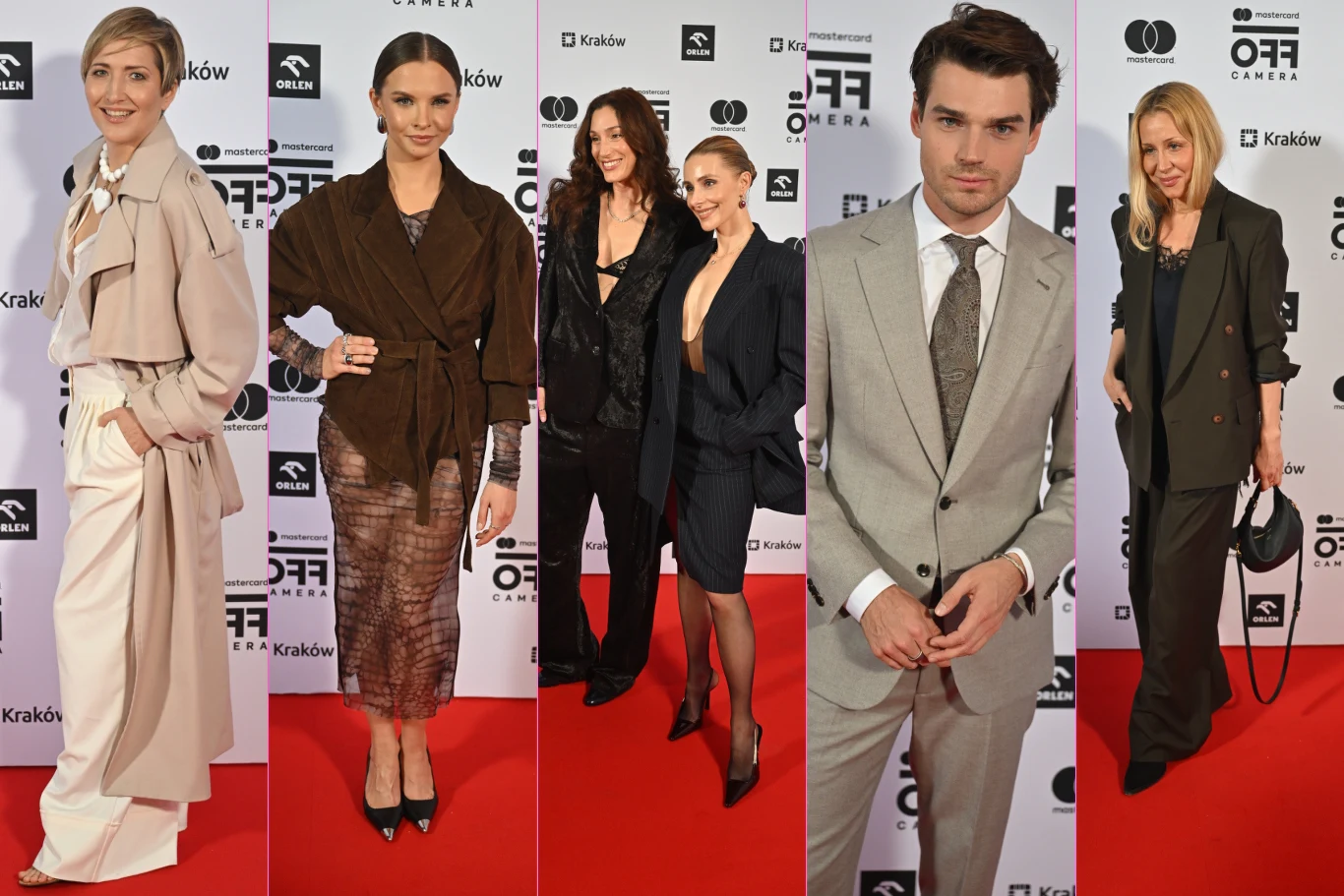 pięć osób ubranych w eleganckie stroje wieczorowe pozuje na czerwonym dywanie podczas wydarzenia filmowego, każda z nich prezentuje odmienny styl i klasyczne dodatki, w tle widoczne są logotypy partnerów i organizatorów festiwalu