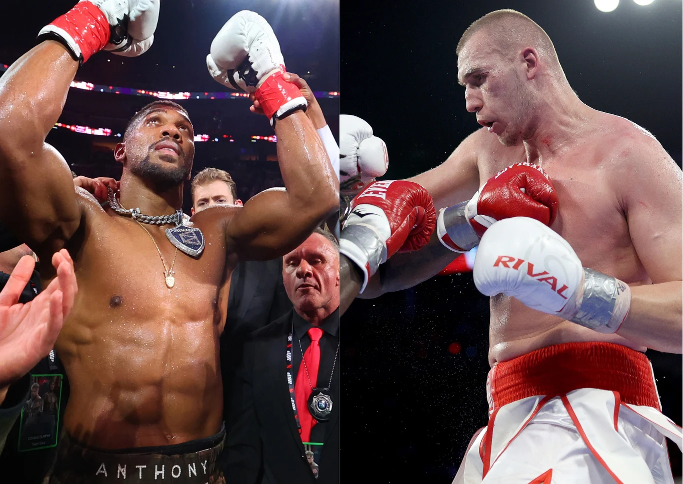 Anthony Joshua i Damian Knyba Anthony Joshua i Damian Knyba podczas walki bokserskiej na ringu, w różnych strojach sportowych