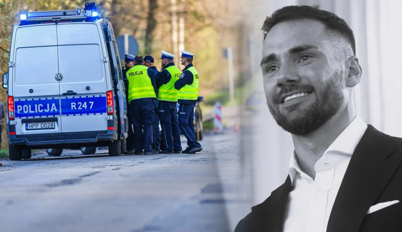 Prokuratura o nowych ustaleniach ws. śmierci posła Łukasza Litewki Policjanci w kamizelkach przy radiowozie z niebieskimi światłami, obok zdjęcie Łukasza Litewki w garniturze