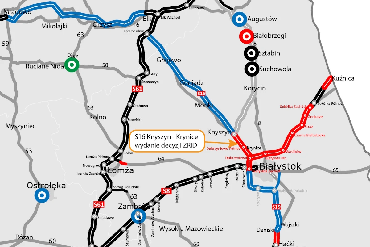 Przebieg drogi S16 Mapa drogowa północno-wschodniej Polski z oznaczeniem tras S16, S61, S19 oraz najważniejszych miejscowości takich jak Białystok, Łomża, Augustów i Suwałki; kolorami wyróżniono poszczególne odcinki tras, a specjalna ramka podkreśla etap wydania decyzji ...