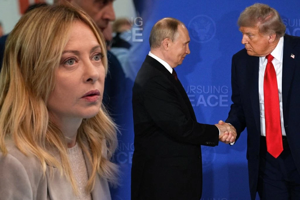 Giorgia Meloni wypowiedziała się na temat rzekomego zaproszenia Władimira Putina na szczyt G20 do USA Giorgia Meloni. W tle Władimir Putin i Donald Trump