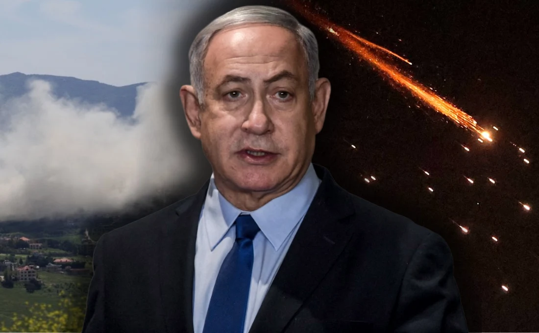 Premier Izraela Binjamin Netanjahu wydał rozkaz, aby armia zaatakowała libański Hezbollah Premier Izraela Binjamin Netanjahu. W tle dym i smugi po pociskach