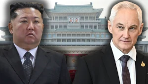 Rosyjski minister obrony Andriej Biełousow przybył do Korei Północnej (od lewej: Kim Dzong Un, Andriej Biełousow)