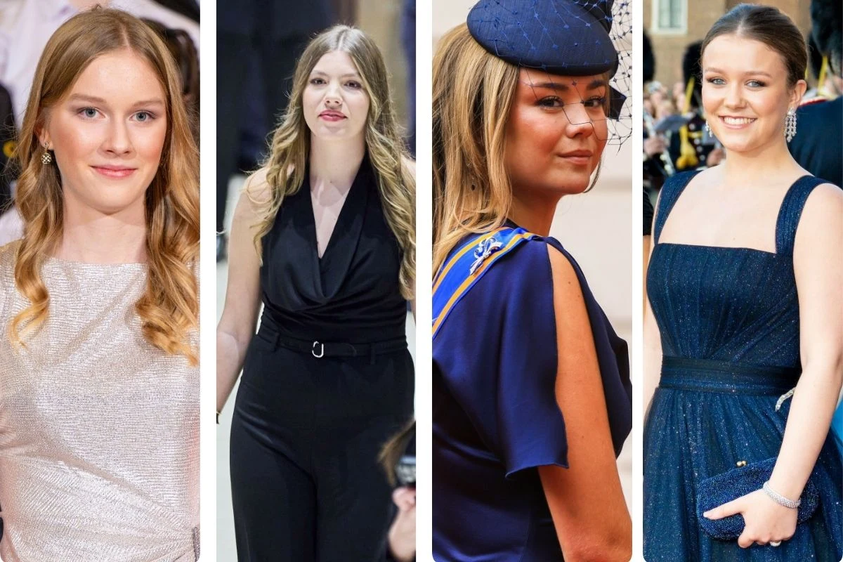 Europejskie księżniczki, które świętują urodziny w kwietniu Cztery europejskie księżniczki w eleganckich stylizacjach: srebrna sukienka, czarny kombinezon, niebieska suknia z kapeluszem, granatowa suknia z dodatkami.