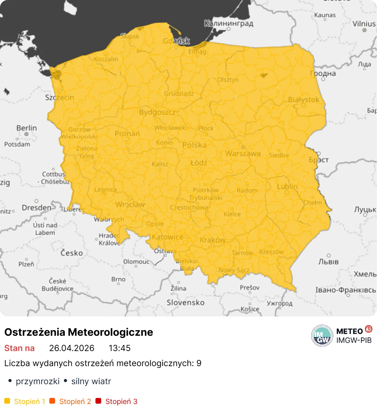 IMGW ostrzega przed silnym wiatrem i przymrozkami Mapa Polski w całości oznaczona żółtym kolorem, co wskazuje na obowiązujący pierwszy stopień ostrzeżeń meteorologicznych dotyczących przymrozków i silnego wiatru na terenie całego kraju.