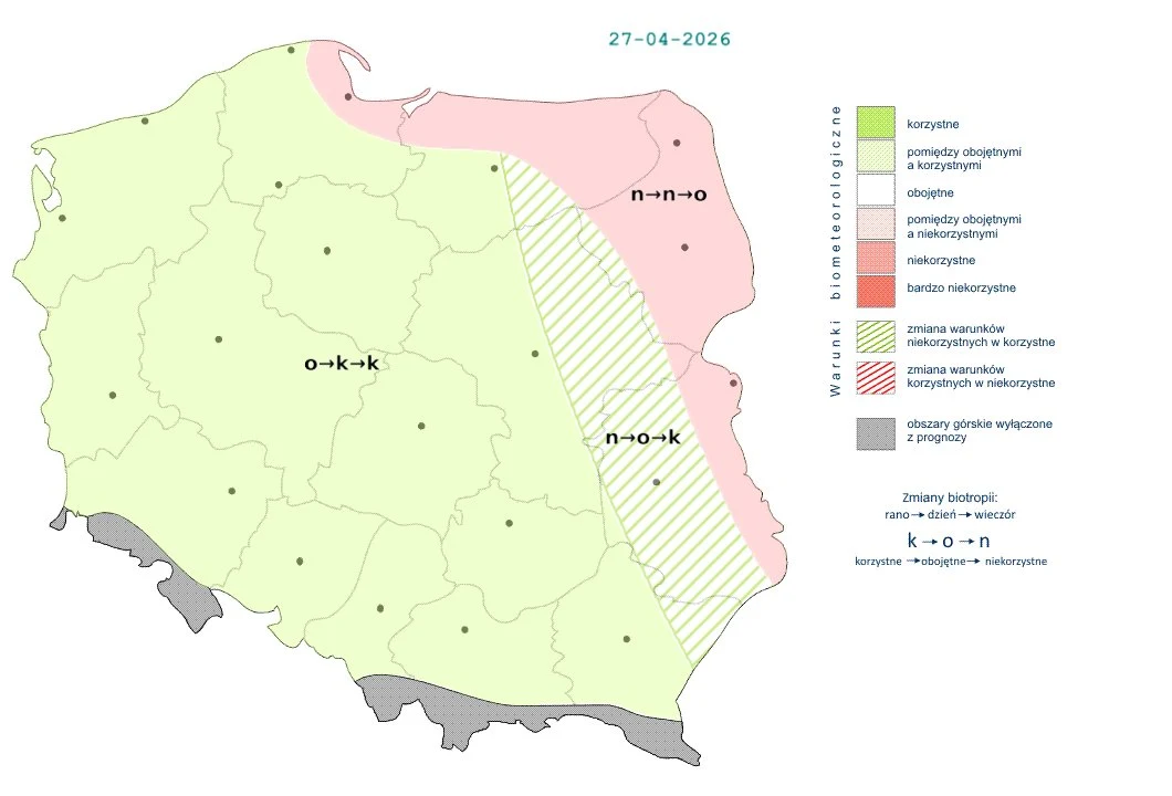 Mapa Polski podzielona kolorystycznie na strefy wegetacyjne, z przewagą koloru zielonego oznaczającego korzystne warunki, różowym oznaczającym niekorzystne warunki dla rozwoju roślin oraz szarym ukośnym pasem wskazującym na zmianę warunków w korzystne;...