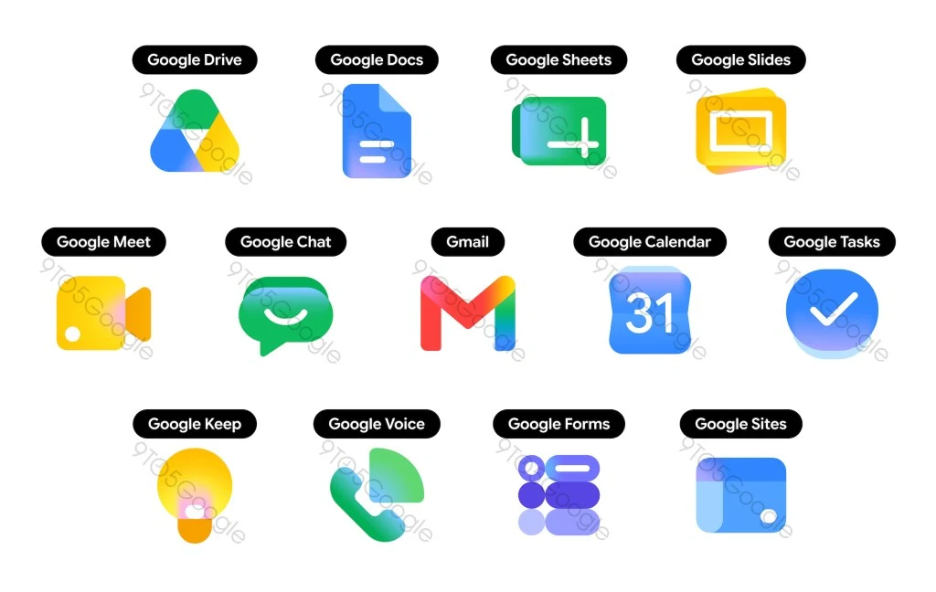 Zestaw ikon najważniejszych aplikacji Google, każda z unikalnym symbolem i nazwą, obejmujący m.in. Google Drive, Google Docs, Google Sheets, Google Slides, Gmail, Google Calendar oraz narzędzia do komunikacji, współpracy i organizacji pracy.