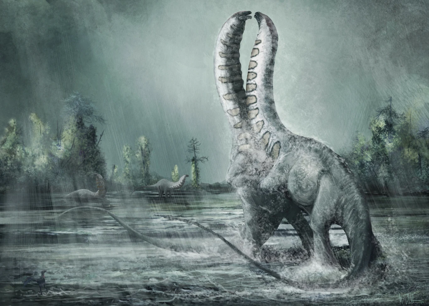 Ogromny prehistoryczny gad wodny brodzi w płytkiej wodzie wśród padającego deszczu; wydłużona szyja z charakterystycznym rozdwojeniem i masywne ciało dominują w scenerii, a w tle widoczne są inne stworzenia oraz rozległa, zalesiona okolica.