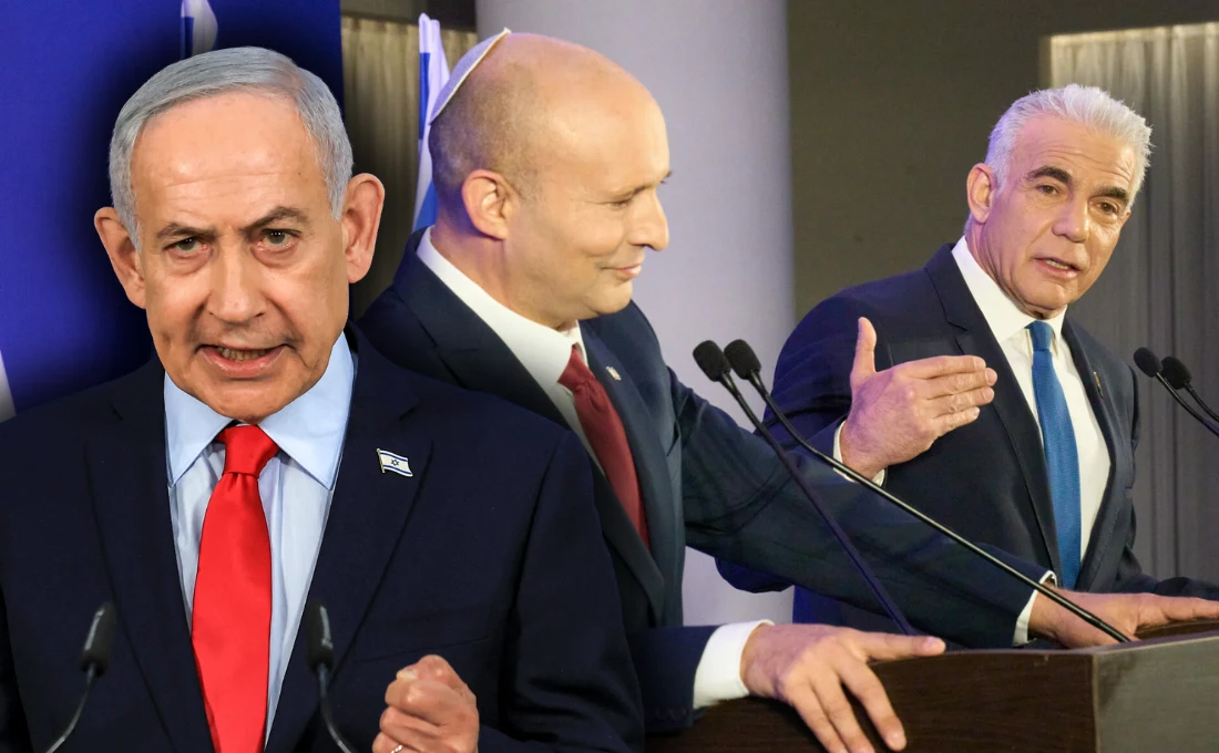 Izrael. Najwięksi rywale Binjamina Netanjahu tworzą nową partię. Ich cel to odsunąć go od władzy Binjamin Netanjahu, w tle przywódcy nowej partii Razem Naftali Benet i Jair Lapid