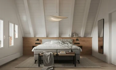 Wnętrze sypialni w stylu skandynawskim z drewnianym łóżkiem i tekstyliami w wiosennych odcieniach