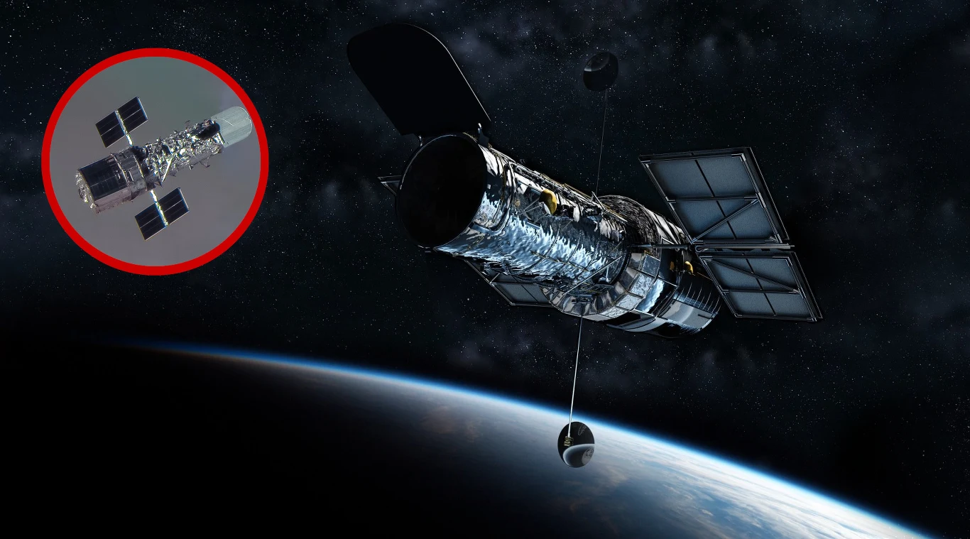 Kosmiczny Teleskop Hubble'a ma 36 lat. Uchwycono go na zdjęciu z satelity. Kosmiczny Teleskop Hubble'a z panelami słonecznymi nad Ziemią, powiększony fragment w czerwonej ramce