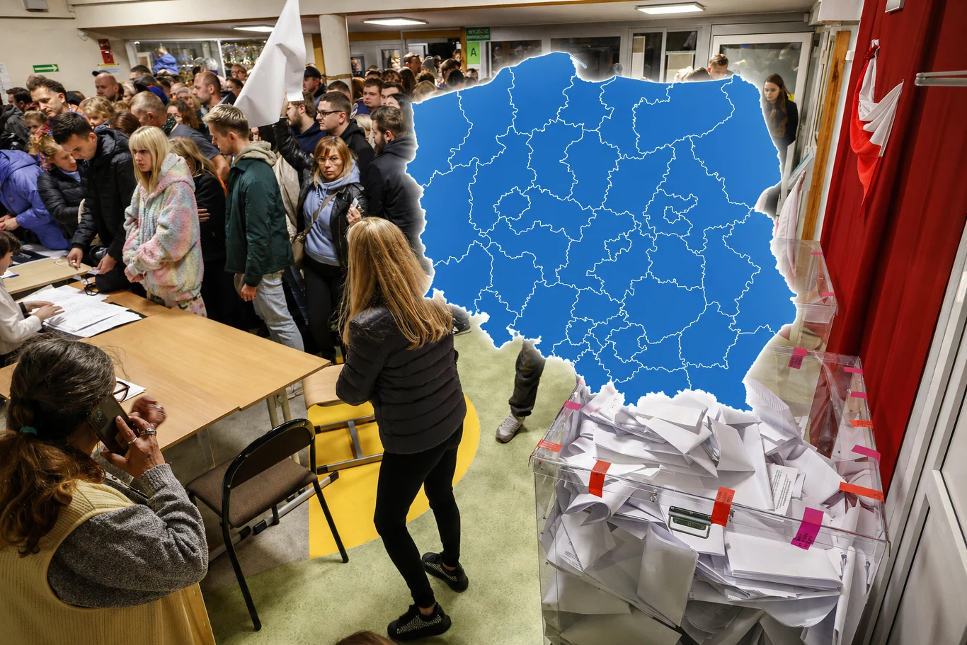 Mapa okręgów wyborczych w Polsce, a w tle wybory w 2023 roku (komisja wyborcza w Warszawie) Mapa okręgów wyborczych Polski na tle wyborów 2023: kolejka wyborców, komisja i przezroczysta urna.