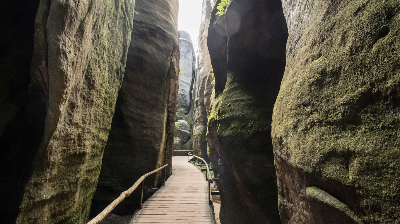 drewniany pomost prowadzący między wysokimi, wąskimi skałami porośniętymi mchem, tworzącymi wąski kanion o surowych, pionowych ścianach