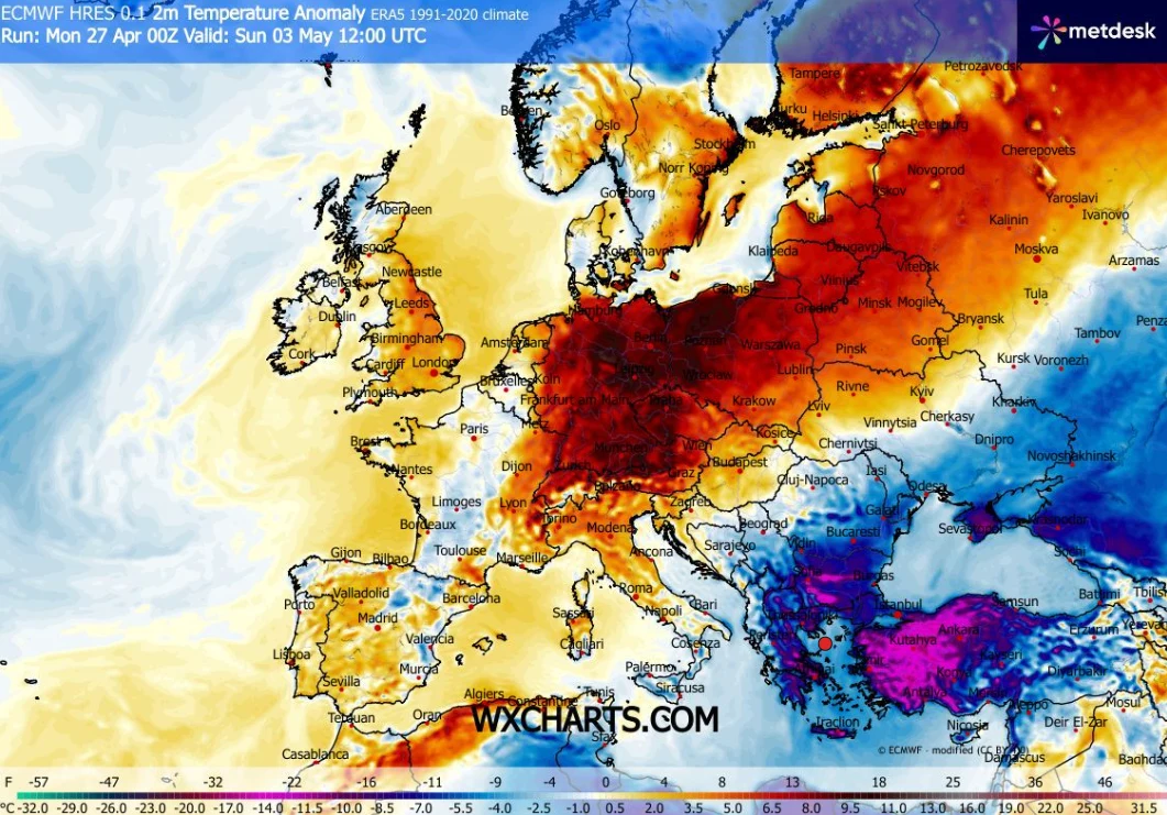 Mapa Europy z oznaczeniami anomalii temperatury, gdzie większość centralnej i wschodniej Europy, w tym Polska, Niemcy i Rosja, zaznaczona jest intensywnymi odcieniami czerwieni i pomarańczu oznaczającymi znaczne przekroczenie średnich temperatur, podcz...