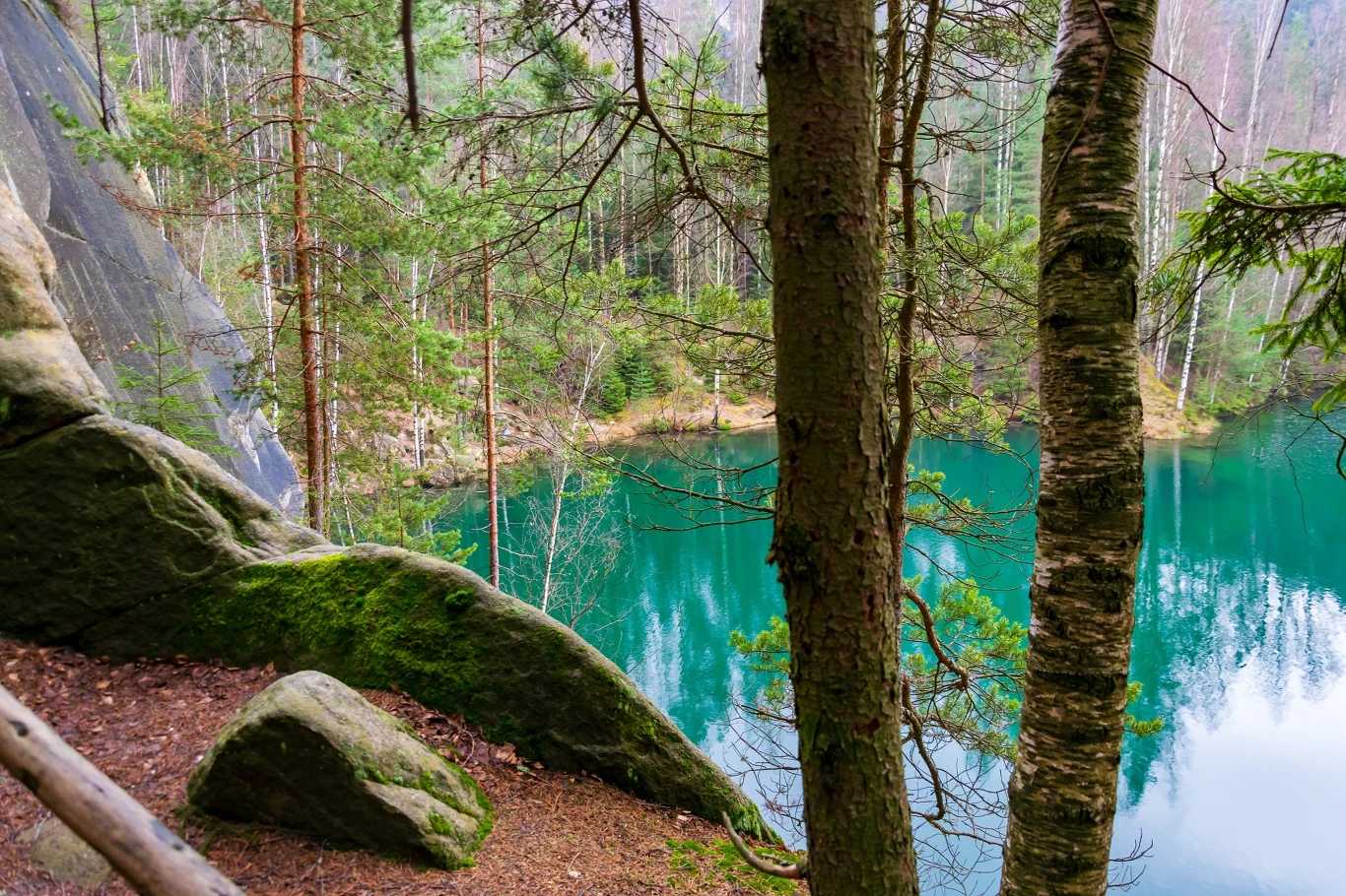 Turkusowa woda otoczona lasem iglastym, duże pokryte mchem głazy oraz wysokie drzewa w foreground, tworzące spokojny, naturalny krajobraz.