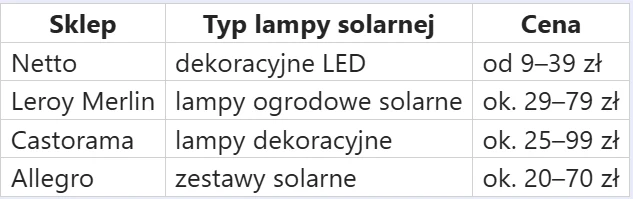 tabela porównująca ofertę sklepów Netto, Leroy Merlin, Castorama i Allegro pod względem typu lamp solarnych oraz ceny; uwzględniono dekoracyjne LED, lampy ogrodowe solarne, lampy dekoracyjne i zestawy solarne z cenami od 9 do 99 zł